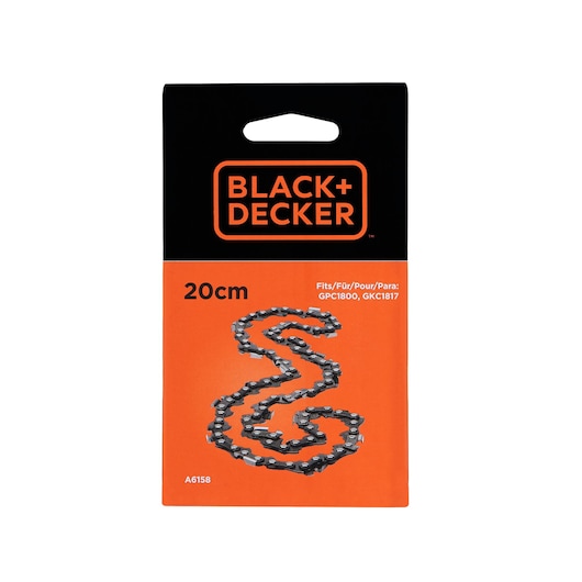 BLACK+DECKER replacement chainsaw chain 20cm in retail packaging, front angle, SKU A6158.