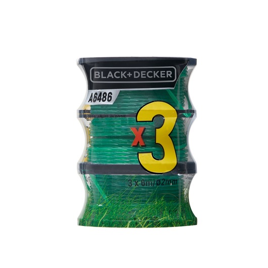 BLACK+DECKER A6486 replacement trimmer line 3-pack, green spool in transparent packaging, front angle.