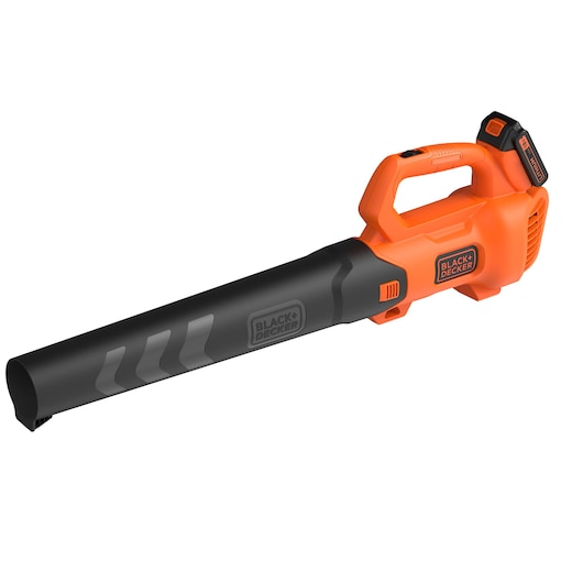 A BLACK+DECKER cordless leaf blower with an orange and black design. The tool has a compact, streamlined body with a handle and battery pack, suitable for outdoor cleaning tasks.