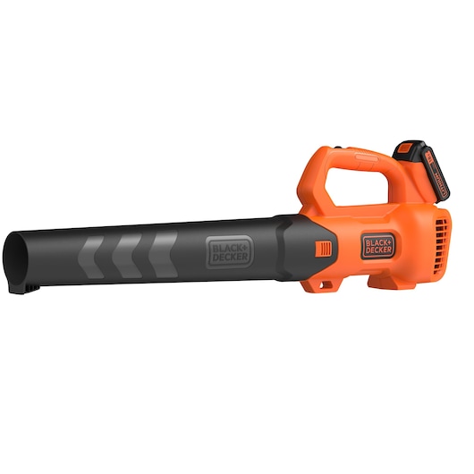 A BLACK+DECKER cordless leaf blower with an orange and black body, featuring a handle and battery compartment.
