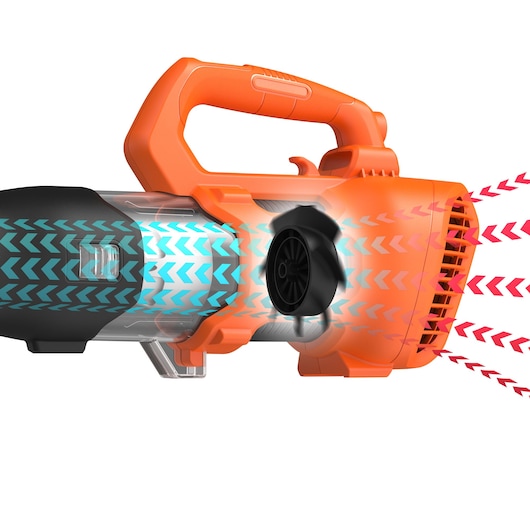Close-up image of an orange and black handheld leaf blower, shown with colored arrows illustrating airflow moving through the device from intake to exhaust.