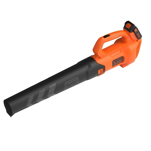 A BLACK+DECKER cordless leaf blower with an orange and black design, showing its ergonomic handle and battery compartment.