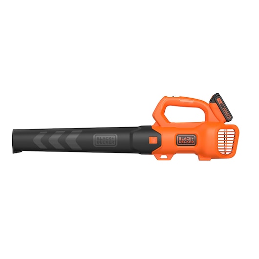 A BLACK+DECKER cordless leaf blower with an orange and black design. The blower has a handle, a battery pack attached at the back, and a long nozzle for directing airflow.