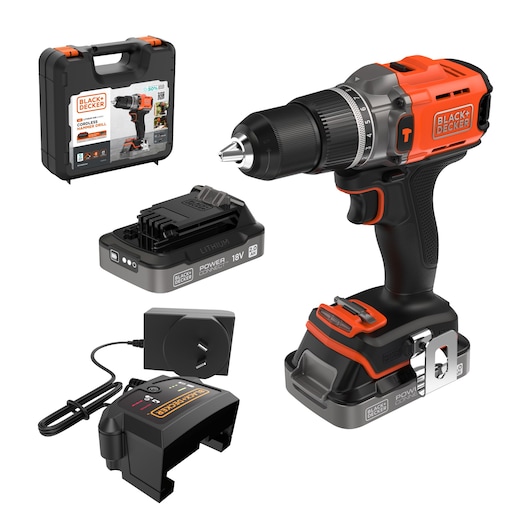 BLACKDECKER BCD383D2XK cordless drill set with 18V battery, charger, and carry case, front angle.