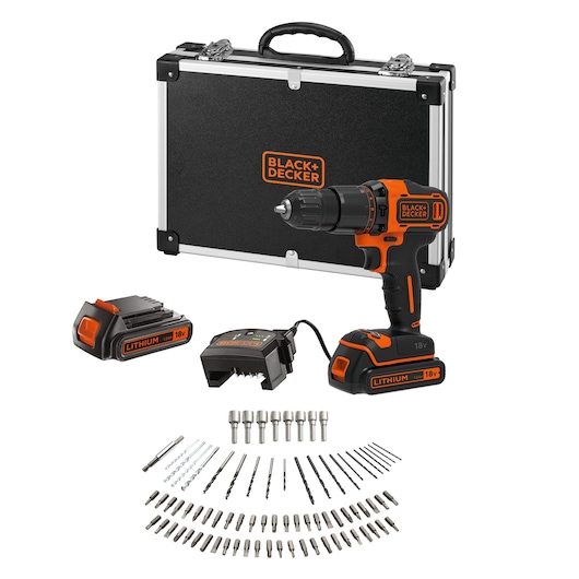 BLACK+DECKER cordless drill set with an 18V lithium battery, charger, hard carrying case, and a wide assortment of drill and screwdriver bits arranged in front.