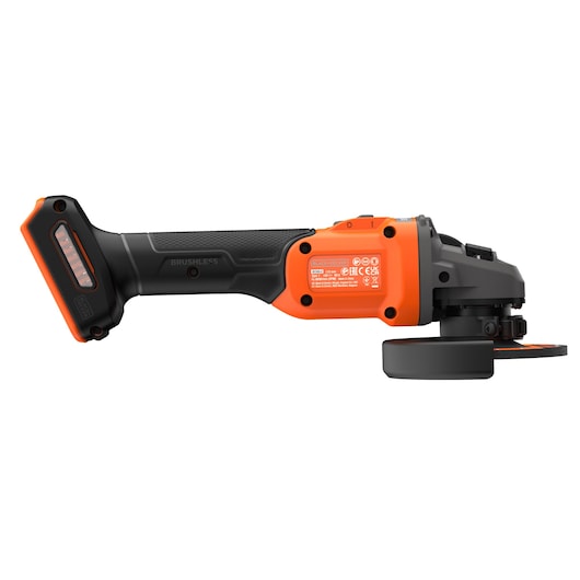 A BLACK+DECKER cordless angle grinder with a brushless motor, featuring a black and orange design and a visible disc attachment.