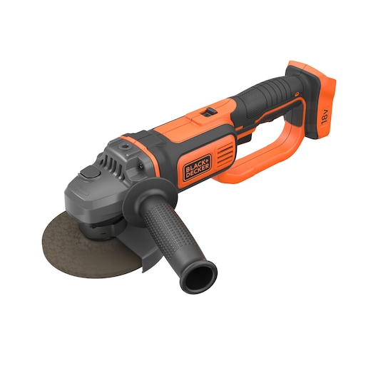 A BLACK+DECKER cordless angle grinder with an orange and black design, featuring a side handle and an 18V battery attachment.