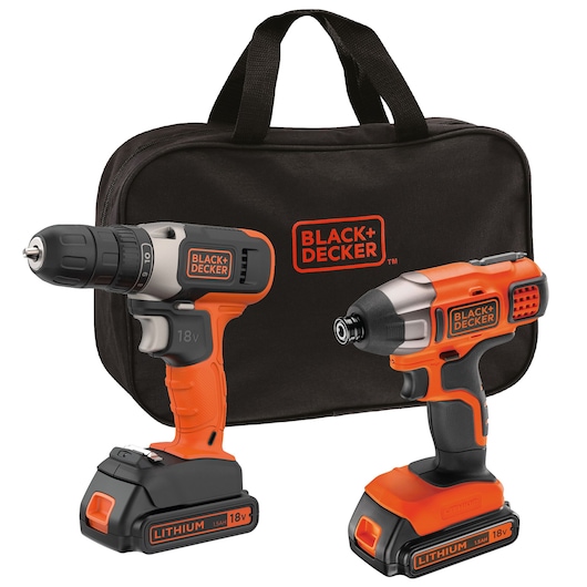 BLACK+DECKER 18V lithium cordless drill and impact driver set with two power tools and a black carrying bag featuring the BLACK+DECKER logo.