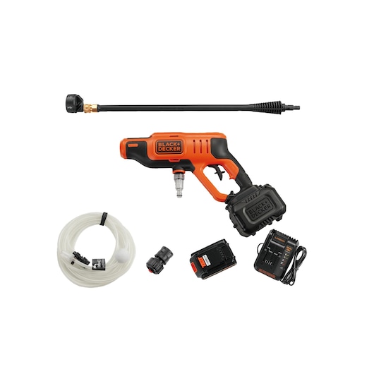 BLACK+DECKER BCPC18D1 cordless pressure washer kit with hose, nozzle, battery and charger, top view.