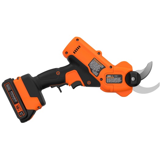BLACK+DECKER BCPP18D1 cordless orange and black pruning shear, side angle on white background.