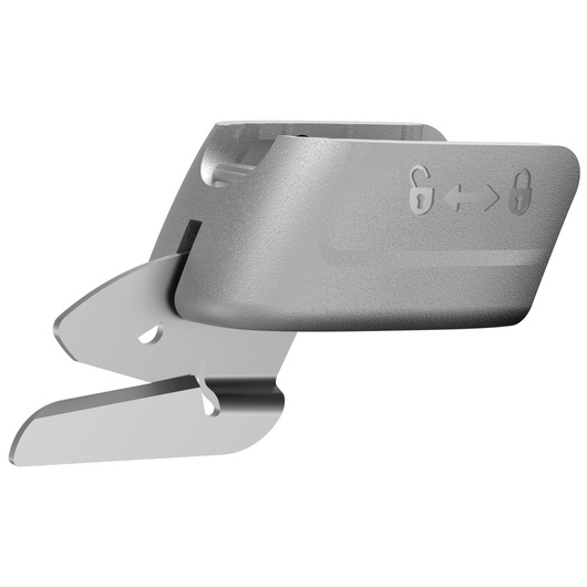 Photo of BLACK+DECKER BCSC115 metal attachment with locking symbols, silver finish, angled on white background.