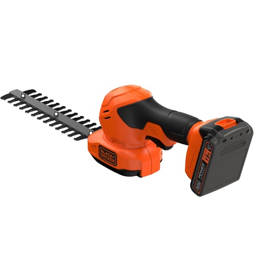 BLACKDECKER BCSS18D1 orange and black cordless shrub shear photographed from side on white background
