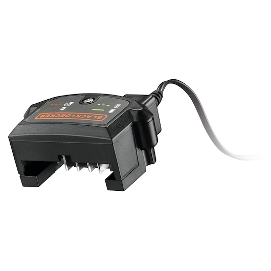 A BLACK+DECKER battery charger with a compact black design and a cord attached, suitable for charging compatible batteries.