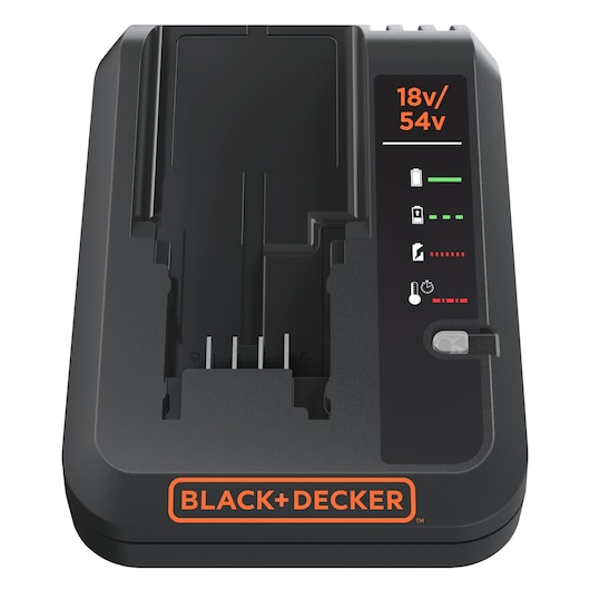 BLACK+DECKER battery charger for 18V/54V batteries, black plastic with LED indicators and logo on front.