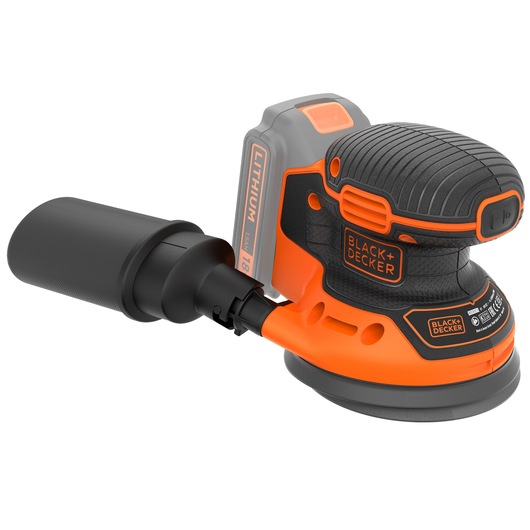 A BLACK+DECKER cordless random orbital sander with an orange and black design, an attached dust collector, and a lithium 18V battery visible on the back.
