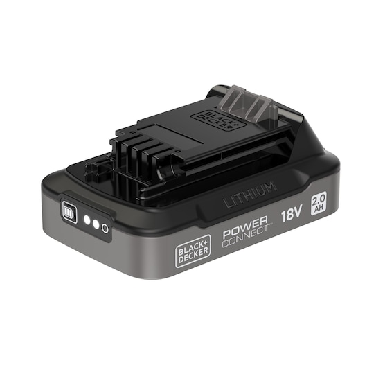 A BLACK+DECKER 18V Lithium Power Connect battery with a 2.0 Ah capacity. The battery has a black and grey color scheme, visible indicator lights, and the brand and specifications printed on the side.