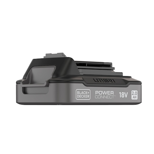 A BLACK+DECKER Power Connect 18V 2.0Ah lithium rechargeable battery, shown in a side view with branding and technical information visible.