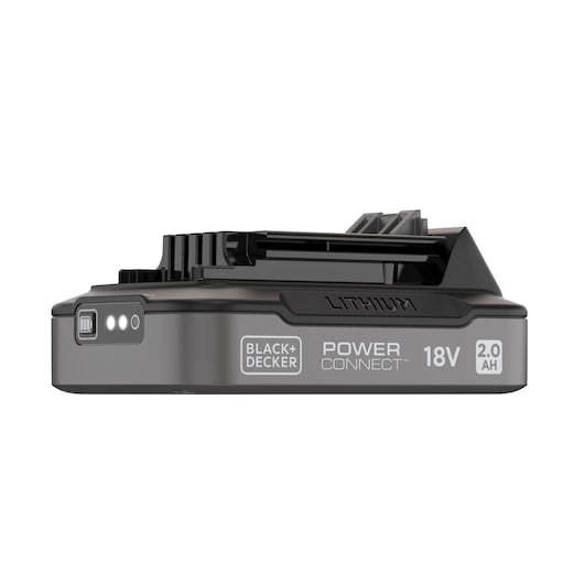 A BLACK+DECKER 18V 2.0Ah lithium-ion battery for power tools, featuring the POWER CONNECT system. The battery is black with visible indicator lights and branding on the side.