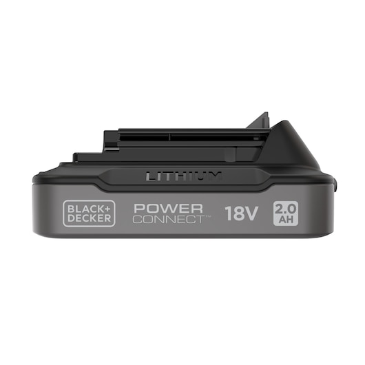 A BLACK+DECKER Power Connect 18V 2.0Ah lithium battery viewed from the side, showing branding and battery specifications.