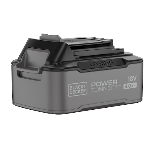 BLACK+DECKER lithium battery Power Connect 18V 4.0Ah, shown with a black and gray casing and connector on top.