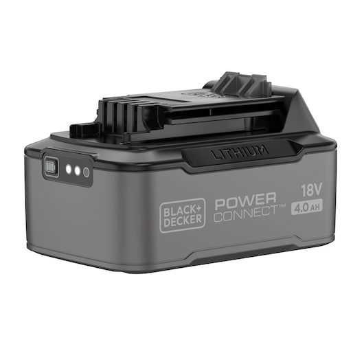 A BLACK+DECKER Power Connect 18V 4.0Ah lithium rechargeable battery with visible battery indicator lights and connector slots.