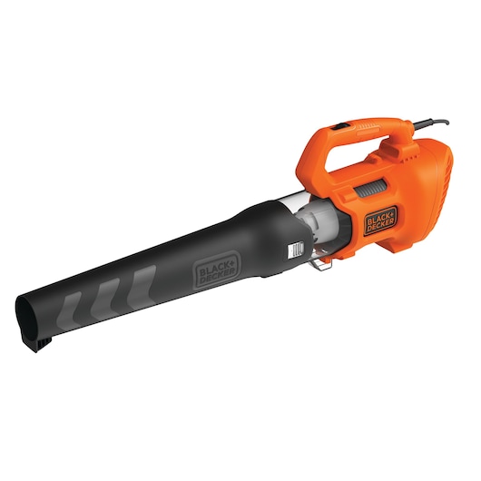 BLACK+DECKER BEBL185 electric leaf blower in orange and black, side view on white background.