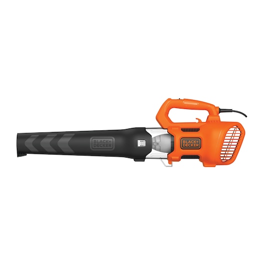 BLACKDECKER BEBL185 corded leaf blower, side view, orange and black design on white background.