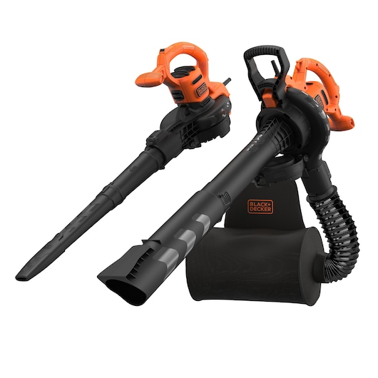 BLACK+DECKER electric leaf blower and vacuum with a black and orange design, featuring a long nozzle and a collection bag attached.