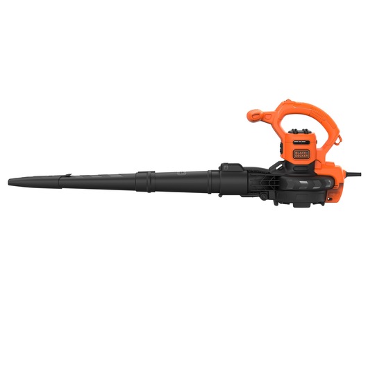 A BLACK+DECKER electric leaf blower and vacuum, featuring an orange and black design with a long nozzle and ergonomic handle.