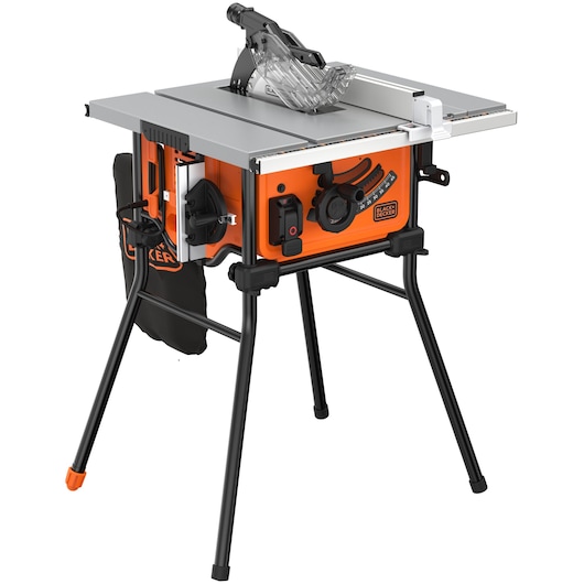 A BLACK+DECKER BES720 table saw with a bright orange and black design, metal legs, adjustable fence, and dust collection bag. The saw features a transparent blade guard and is shown on a white background.