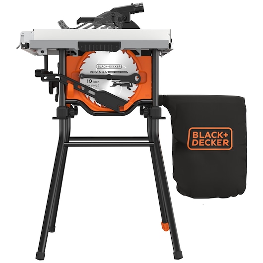 A BLACK+DECKER table saw with a 10-inch circular blade, orange and black frame, and a dust collection bag attached on the right side.