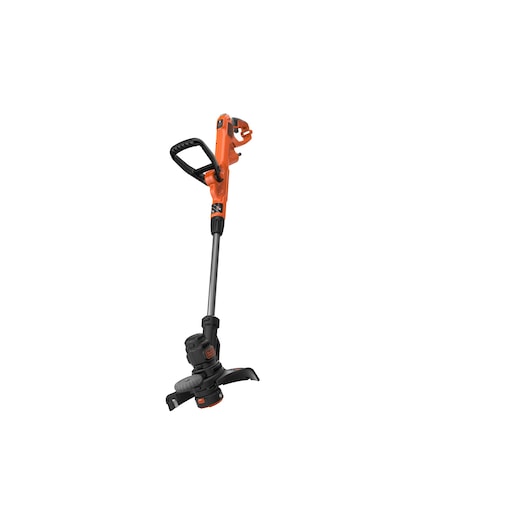 A BLACK+DECKER cordless grass trimmer with an orange and black design, featuring a handle and adjustable shaft.