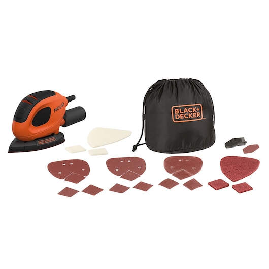 BLACK+DECKER BEW230BCA mouse sander kit with orange and black sander, sanding sheets, accessories, and black storage bag, front angle.