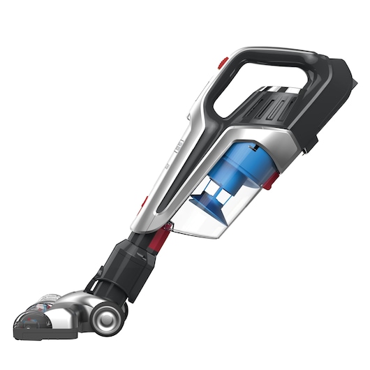 A cordless stick vacuum cleaner with a transparent dust container and a blue filter, featuring a black and silver handle, photographed on a white background.