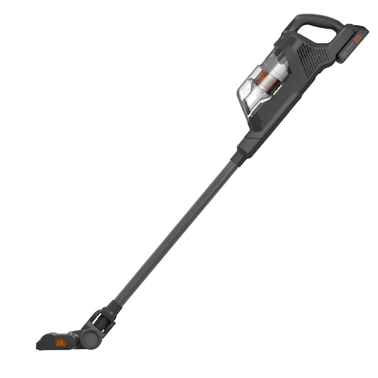 A BLACK+DECKER cordless stick vacuum cleaner with a sleek black and grey design, featuring a transparent dust container and a long handle.