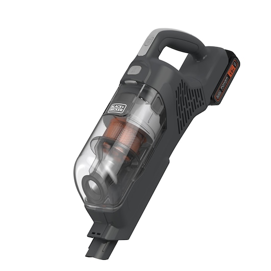 A BLACK+DECKER handheld cordless vacuum cleaner with a transparent dust chamber and visible filter. The device has a black and grey design with its battery pack attached at the rear.