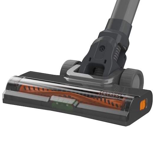 BLACK+DECKER BHFEA18D1 cordless vacuum cleaner head, black and orange, close-up on white background.