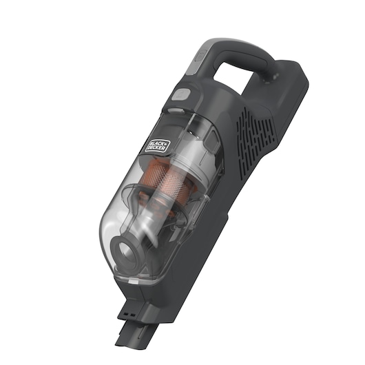 BLACK+DECKER BHFEA515JB handheld vacuum cleaner, black and transparent with orange filter, front angle on white background.