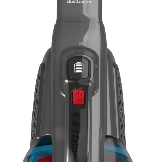 BLACKDECKER BHHV315J handheld vacuum control panel close-up, red power button, gray finish.