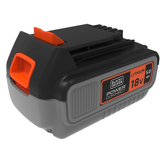A BLACK+DECKER Power Connect lithium battery, 18V 5.0Ah model, shown with black and gray casing and orange accents.