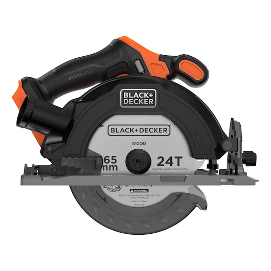 A BLACK+DECKER cordless circular saw designed for cutting wood. The saw features a black and orange handle, a 165 mm blade with 24 tungsten carbide tipped teeth, and clear labeling on the blade and body.