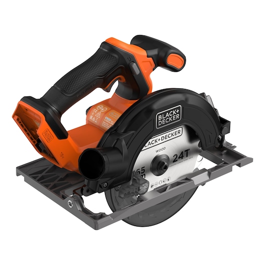 A BLACK+DECKER cordless circular saw with an orange and black design. The saw features a prominent handle and a metal cutting blade labeled for wood. The product is shown without a battery attached.