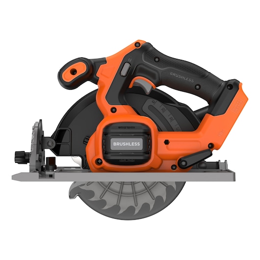 A BLACK+DECKER cordless brushless circular saw with an orange and black handle and a visible saw blade. The tool is shown from the side on a white background.