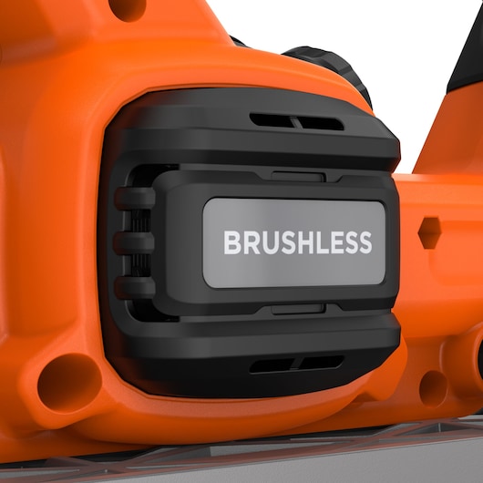 BLACK+DECKER BLCCS78N brushless motor close-up, orange and black power tool detail, left side view.
