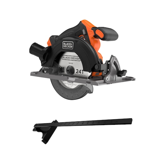 BLACKDECKER BLCCS78N circular saw with 165mm 24T blade and black guide, side angle on white background.