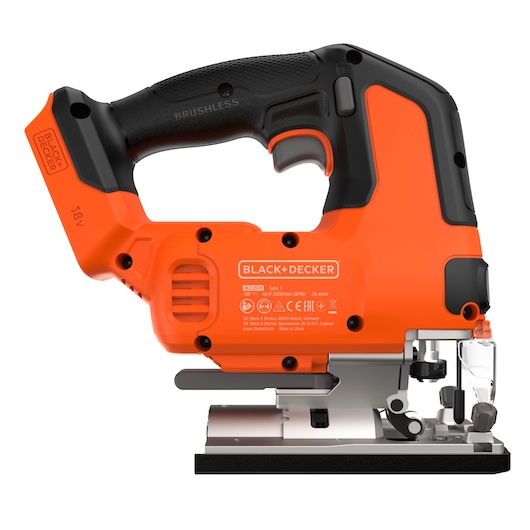A BLACK+DECKER cordless jigsaw with an orange and black design, featuring a brushless motor and visible control buttons, shown from the side.