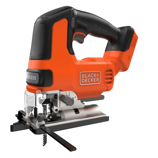 A cordless BLACK+DECKER jigsaw with an orange and black design, featuring a visible blade and adjustable base, suitable for precise wood cutting.