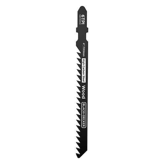 BLACK+DECKER BLCJS78N jigsaw blade for wood, black, high carbon steel, 6 TPI, straight angle on white background.