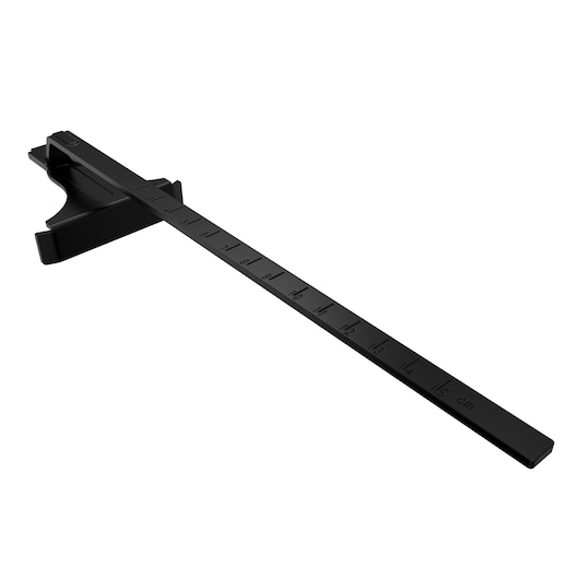 BLACKDECKER BLCJS78N black plastic cutting guide with centimeter scale, angled view on white background.