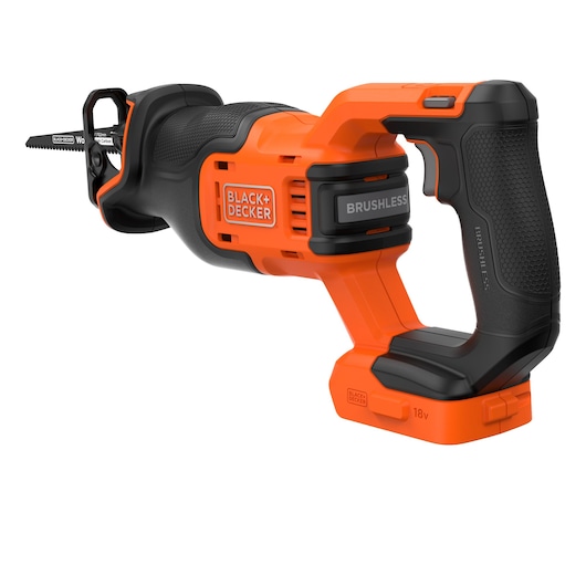 A BLACK+DECKER cordless brushless reciprocating saw with an orange and black design, featuring the brand name and brushless label on its side. The tool includes a visible saw blade and ergonomic handle.